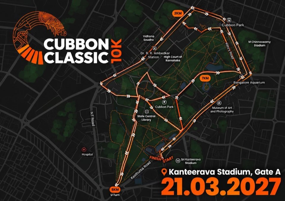 Cubbon Classic 10K course map. Start and finish at Kanteerava Stadium Gate A, through Cubbon Park.